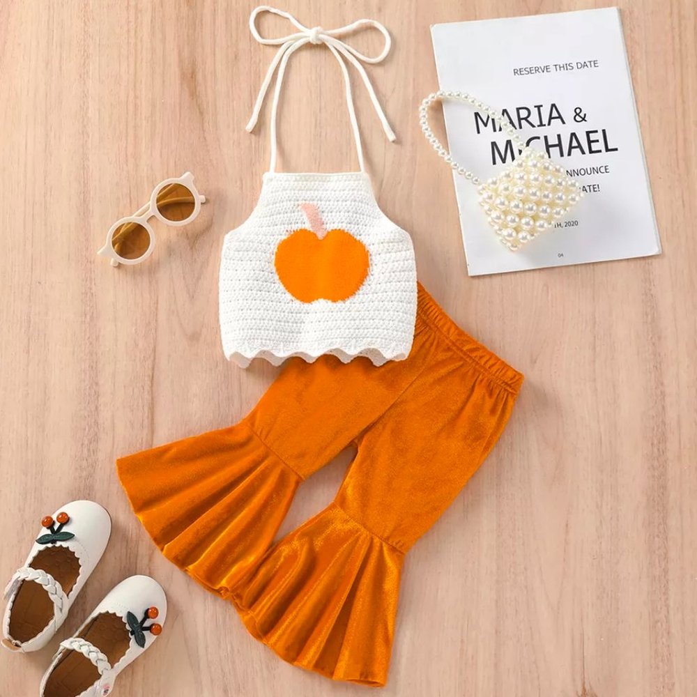 Pumpkin Crochet Crop Top Bell Bottoms Girls Outfit Set